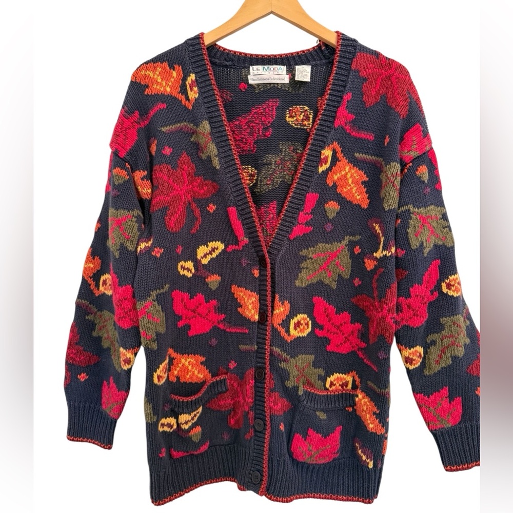 Le Moda Knitwear Hand Loomed Cotton Cardigan Leaves Fall Cottage Core Medium